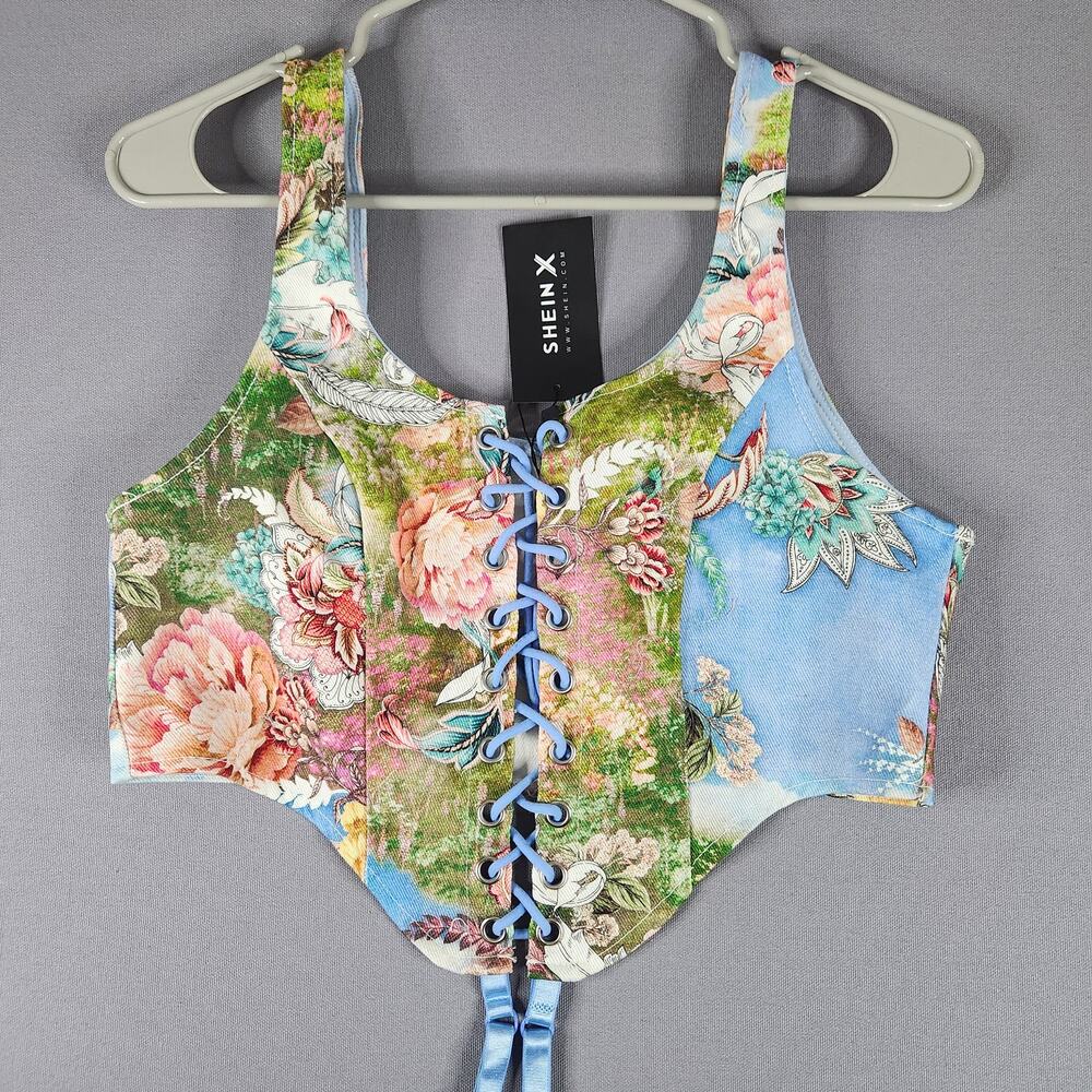 Shein X Womens Corset top size large floral denim lace up NWT 100% Cotton outter